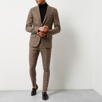 Ecru checked skinny suit trousers